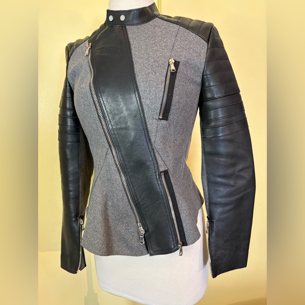 3.1 Phillip Lim Black and Gray Leather and Wool Moto Jacket